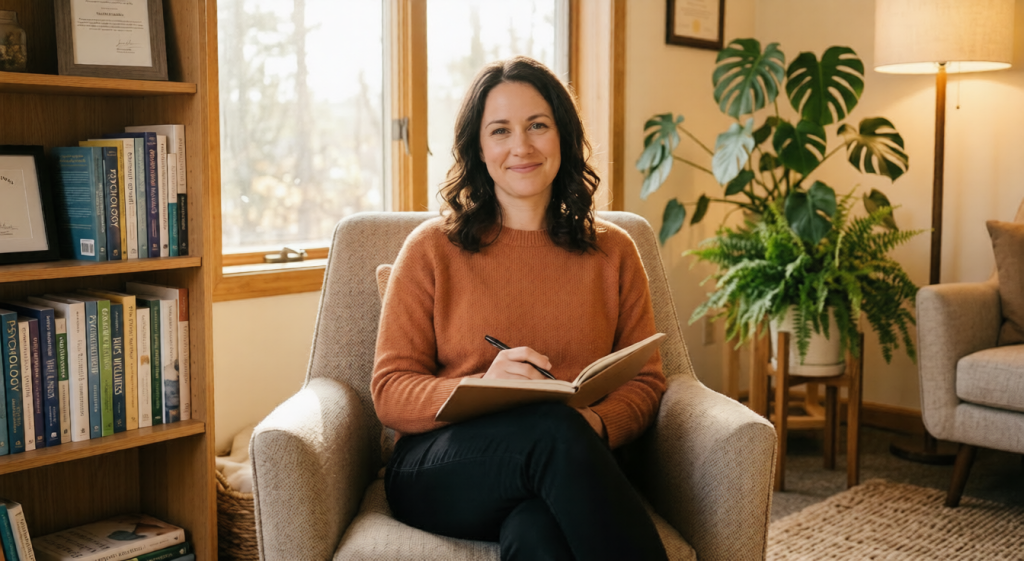 A person sitting in a sunlit armchair holding a notebook and pen with a relieved expression in a warm, professional therapy room with a bookshelf and plants.