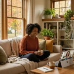 A patient engaging in a telehealth mental health therapy session from her home in Wisconsin.