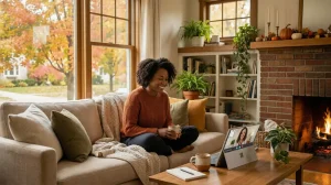 A patient engaging in a telehealth mental health therapy session from her home in Wisconsin.